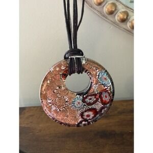 Italian Murano Style Millefiori Glass Pendant Gold Aventurine Necklace 2"